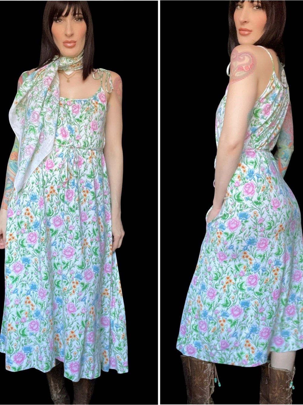 Vintage DVF Diane von Furstenberg 1970's Floral Cotton Rayon Dress w Scarf M